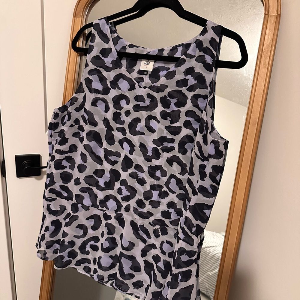 Cabi Leopard Print Peplum Tank Navy and Purple Color Scheme Split Back Size L
